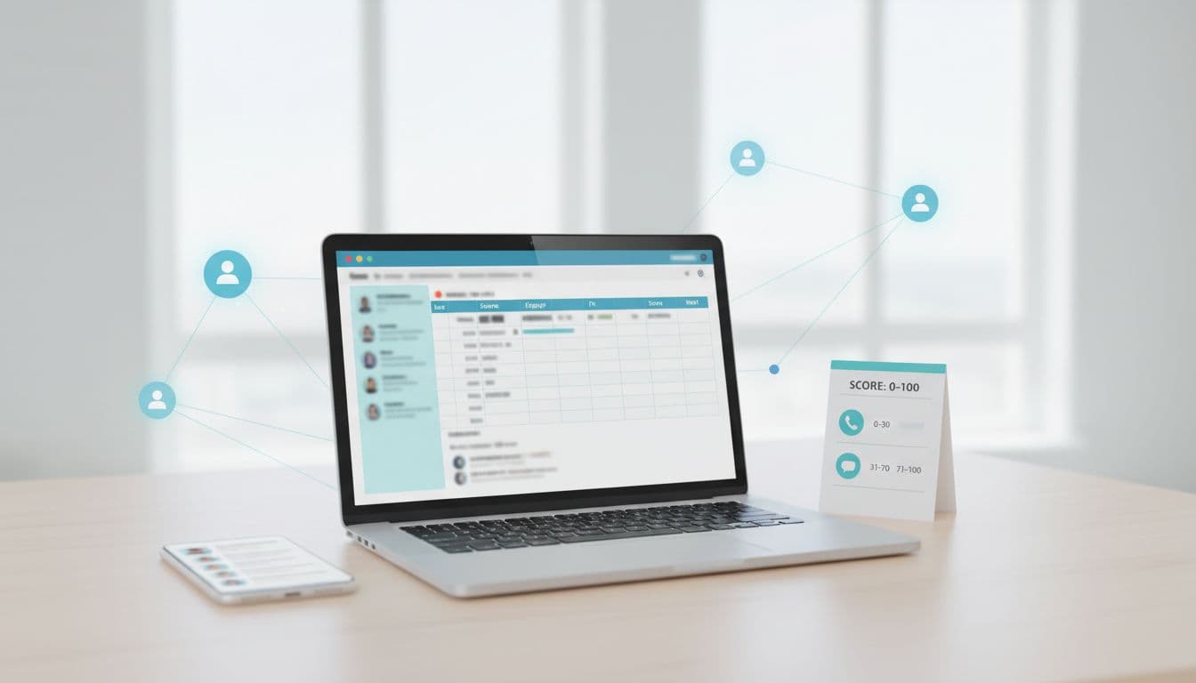 Clean modern landscape illustration of a home office desk with laptop showing lead scoring dashboard spreadsheet and scoring rubric card, subtle network motifs, smartphone nearby, in blues teals whites minimal flat design with 3D depth.