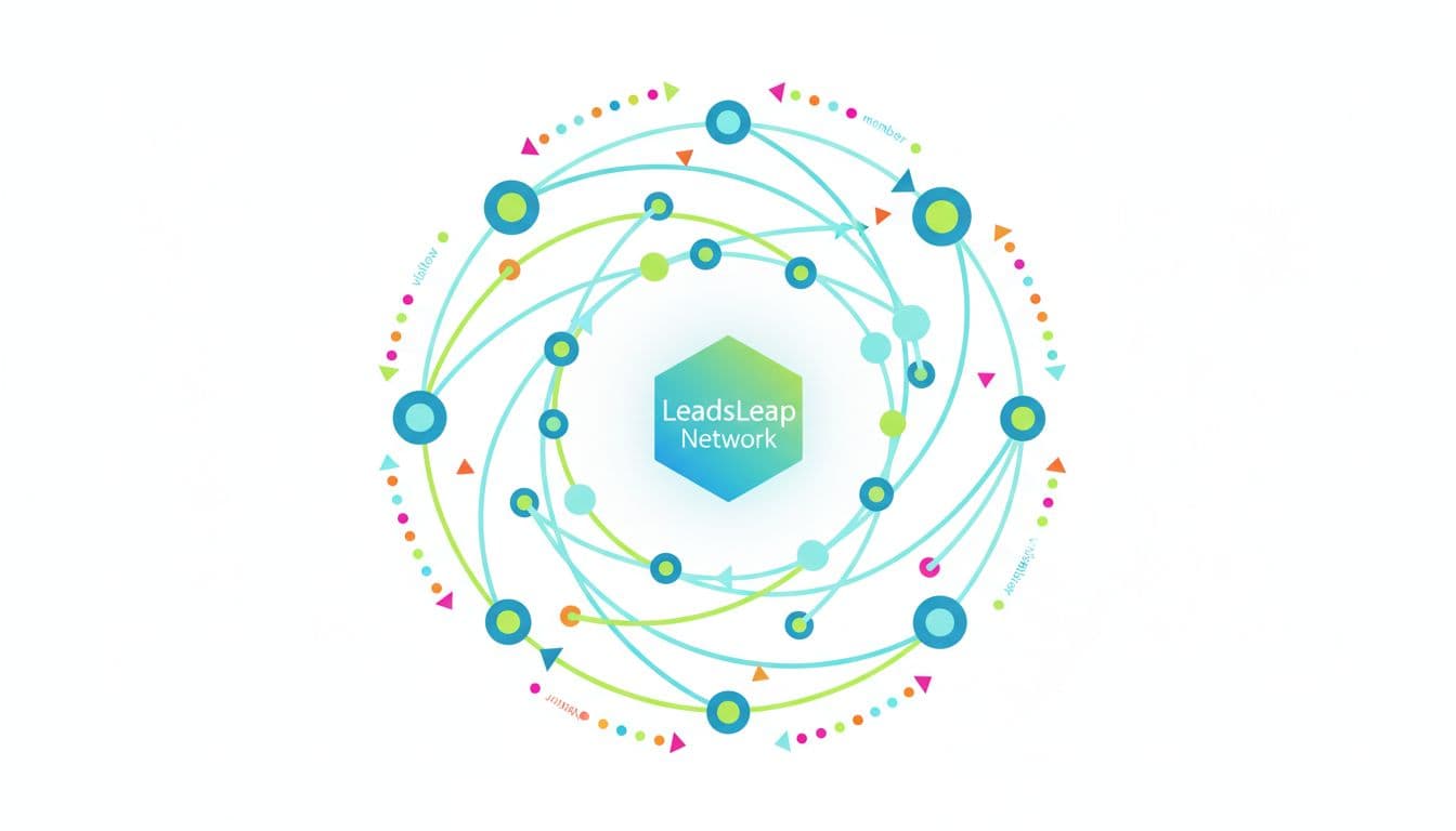 Illustration of a network of connected nodes representing traffic exchange, with arrows showing visitor flow from one site to another, colorful dots for members, and a central hub labeled 'LeadsLeap Network'. Clean vector style in blue and green tones with dynamic flow lines on a white background.