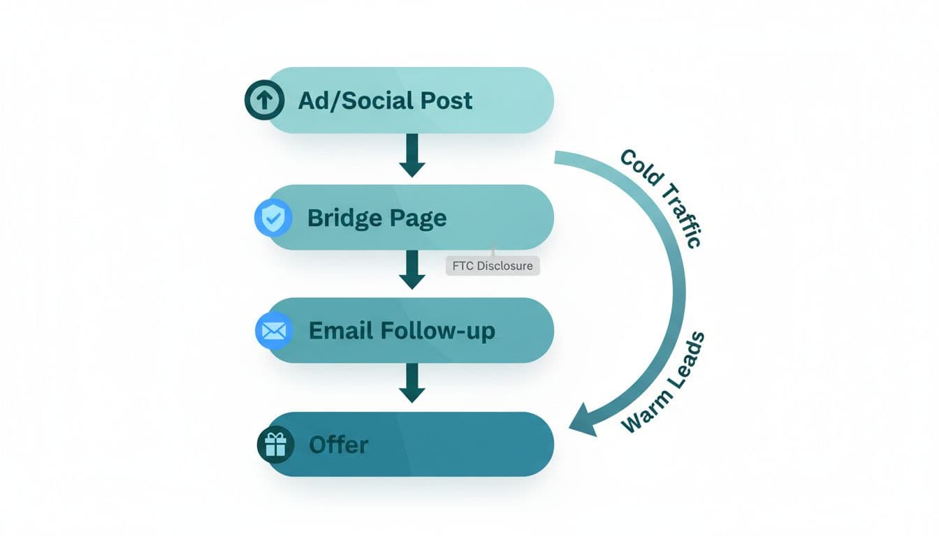 Clean, modern vector illustration in blue teal palette depicting a lead generation funnel from Ad/Social Post through Bridge Page with FTC disclosure, Email Follow-up, to Offer.