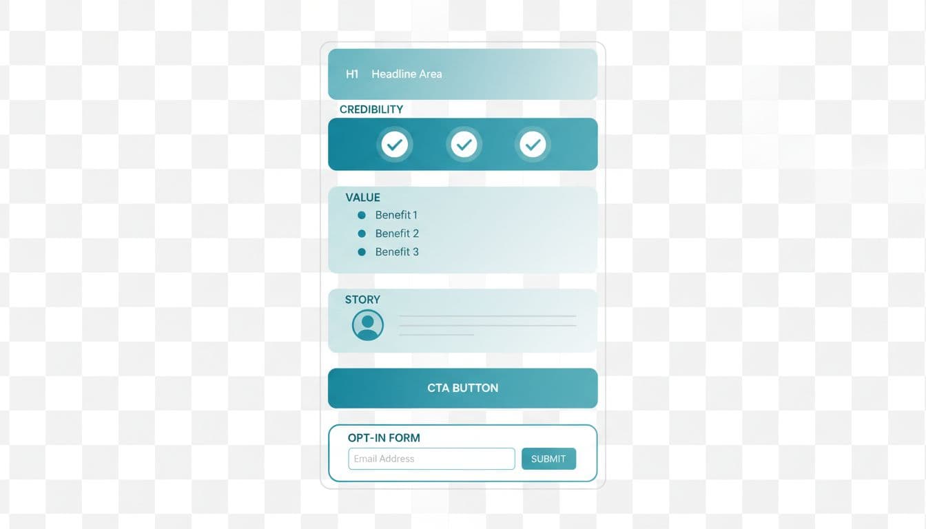 Clean, modern minimal flat vector illustration in blue teal palette depicting a mobile-first wireframe layout of a network marketing bridge page with stacked modules: headline, credibility badges, value bullets, story figure, and CTA opt-in form.