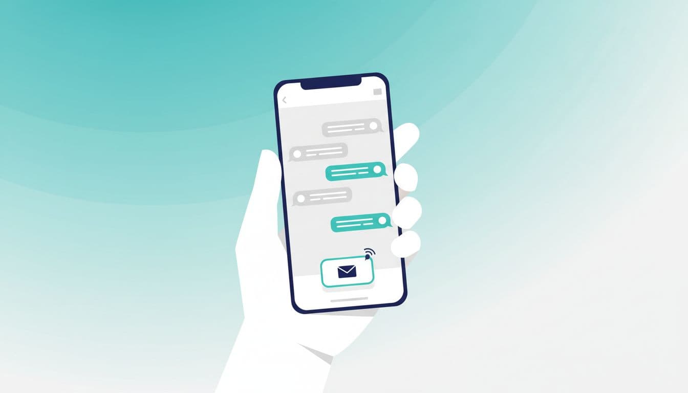 Minimalist vector illustration of a hand holding a smartphone displaying a generic messaging app conversation with a new reply notification, using navy, teal, and light gray accents on a white background for a professional business coaching vibe.