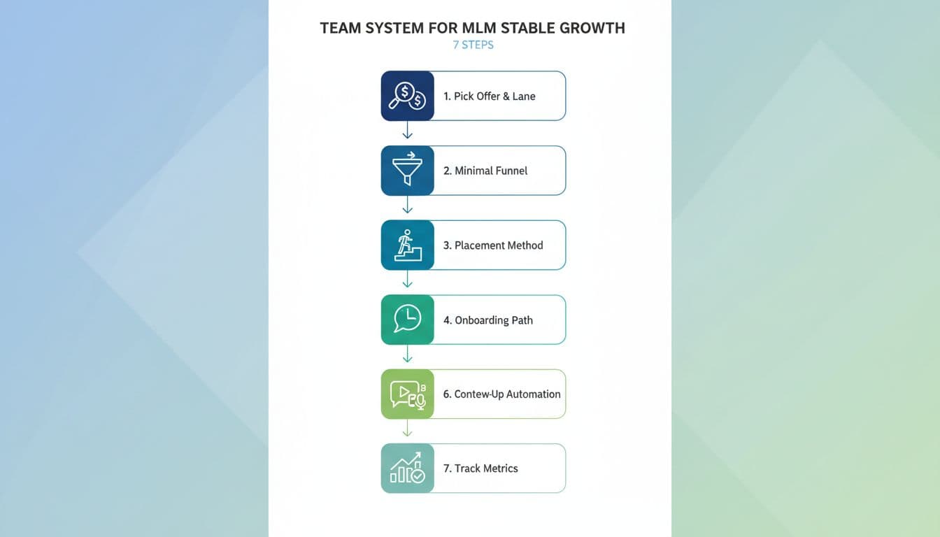 Clean professional infographic depicting the 7 steps of a simple team system for stable MLM growth, using icons in a vertical flowchart with arrows, modern flat design, and confident mood.