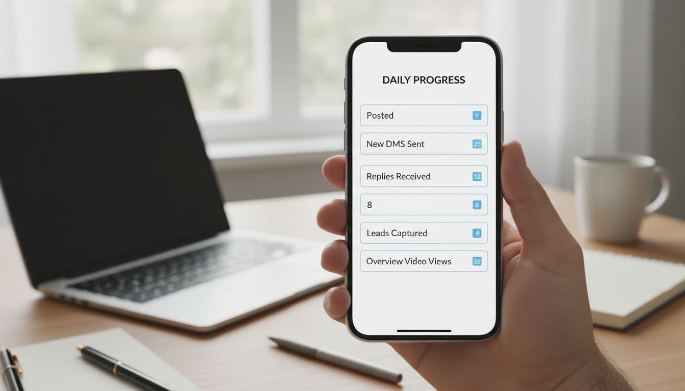 A clean realistic image of a simple daily scorecard for MLM tracking on a smartphone screen held in a hand, in a home office with laptop background.