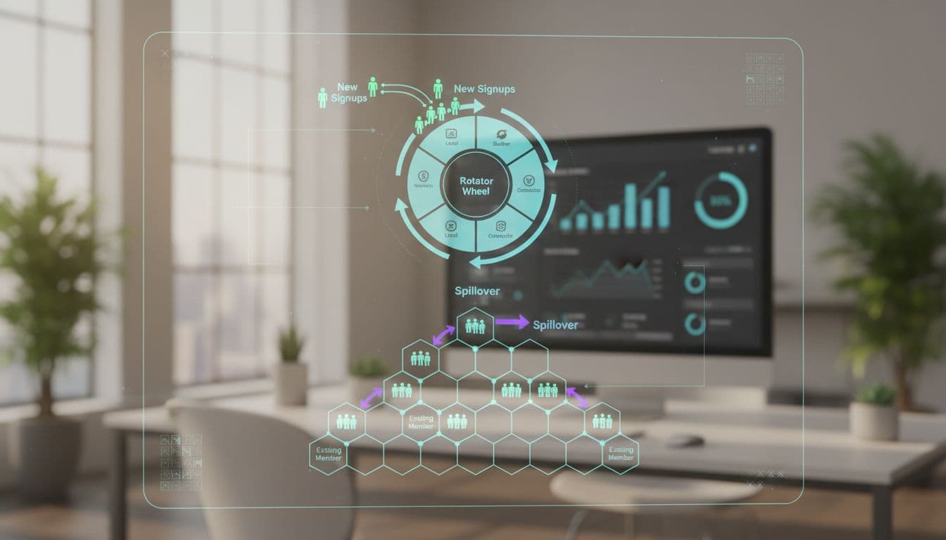 Realistic diagram of a rotator wheel distributing new signups into multiple team positions in an MLM structure, with arrows showing the rotation cycle and spillover filling spots under existing members, set against a blurred dashboard interface in a professional office.