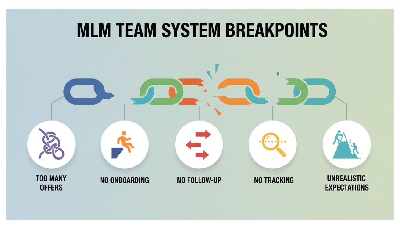Clean professional infographic highlighting five key breakpoints in MLM team systems—too many offers, no onboarding, no follow-up, no tracking, unrealistic expectations—illustrated with simple icons connected by a breaking chain in modern flat design.