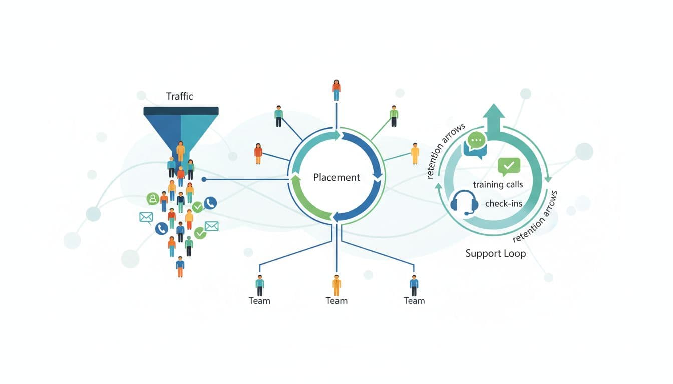 Clean professional infographic illustrating a simple balanced team system for MLM growth with traffic funnel, placement rotator wheel, and support loop in a connected cycle.