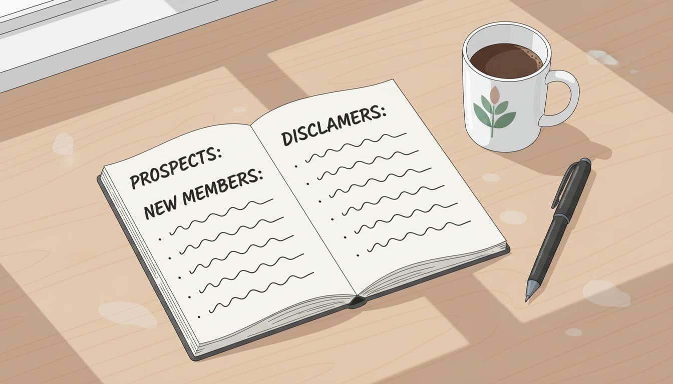 Clean illustration of a notepad on a wooden desk featuring handwritten bullet points for a simple MLM team system, including prospects, new members, and disclaimers. Casual setting with coffee mug, pen, soft natural light, professional yet approachable style.
