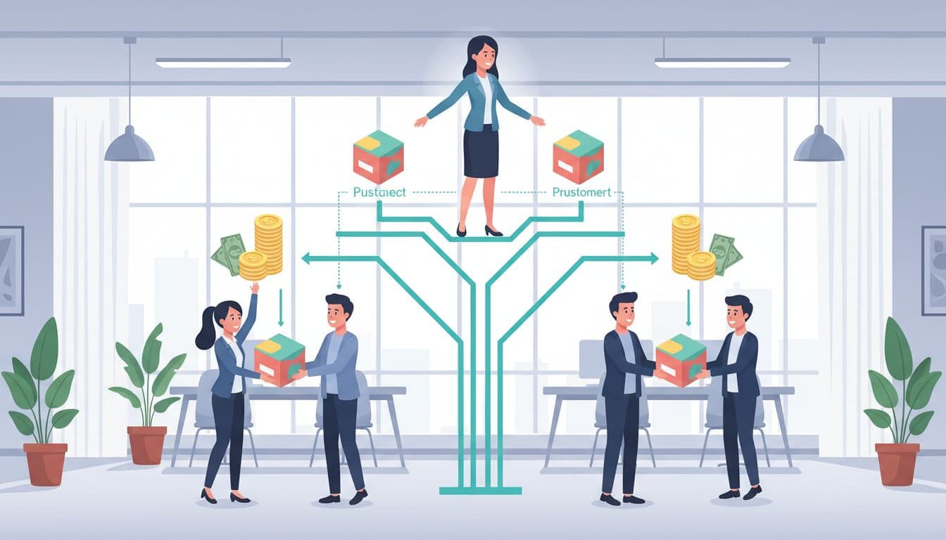 Photorealistic infographic-style render of a simple tree-like MLM network: central leader helping two team members sell products to customers via product boxes exchanged for money icons, in casual business attire within a bright, positive modern office.