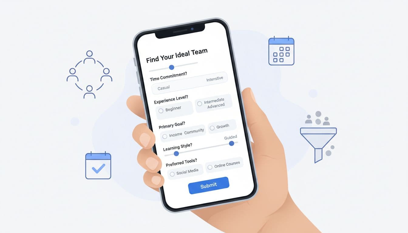 Clean, modern vector illustration of a mobile phone screen displaying a Meta lead ad form with qualifying questions like time commitment and experience level, held by a hand, against a subtle network marketing background.