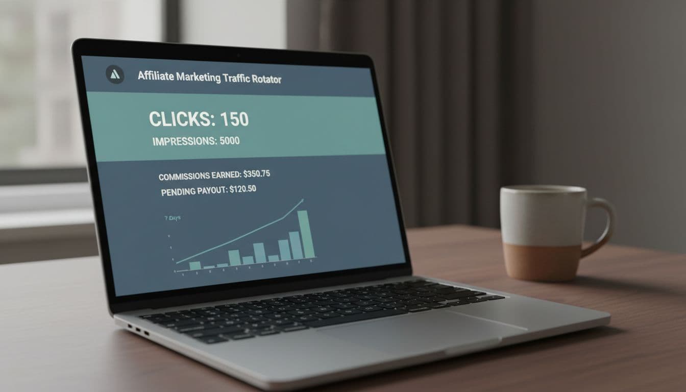 A clean modern dashboard screen on a laptop showing affiliate link stats like clicks, impressions, and commissions for a traffic rotator platform. The laptop sits on a wooden desk with a coffee mug nearby, in soft natural light, photorealistic style.