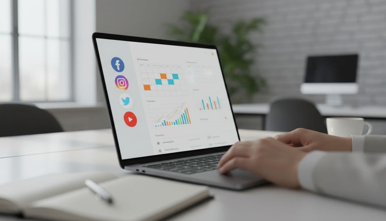 Realistic photo of a clean modern social media dashboard on an angled laptop screen, featuring blurred multi-platform icons for Facebook, Instagram, Twitter, YouTube, post scheduler calendar, rising analytics graphs, and trend keywords. Hands adjusting settings on a desk with notebook and coffee cup in a bright contemporary office.