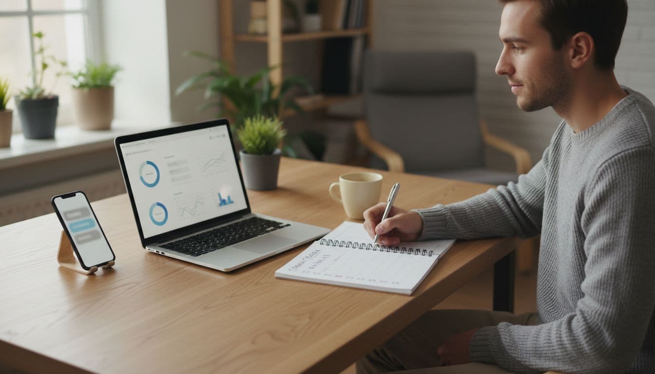 A focused mid-20s beginner works at a wooden desk in a warm home office with laptop business dashboard, smartphone messages, notebook checklist, and natural light from a plant-filled window.