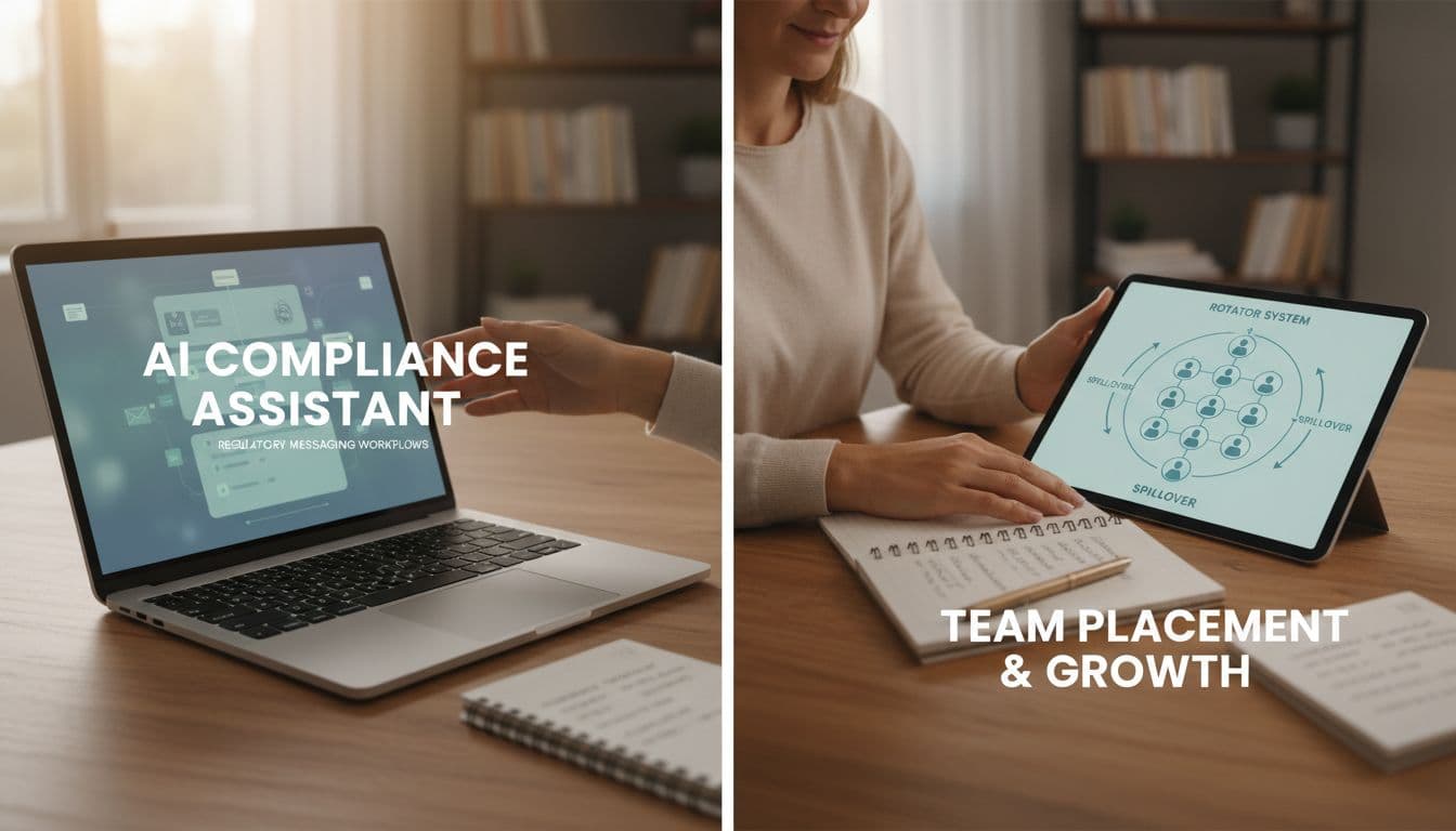 A realistic split-scene image featuring a laptop screen with blurred AI interface for compliant MLM messaging workflows on the left and a digital diagram of a rotator system with spillover arrows on the right, balanced by a beginner network marketer's hands on a wooden desk in a cozy home office.