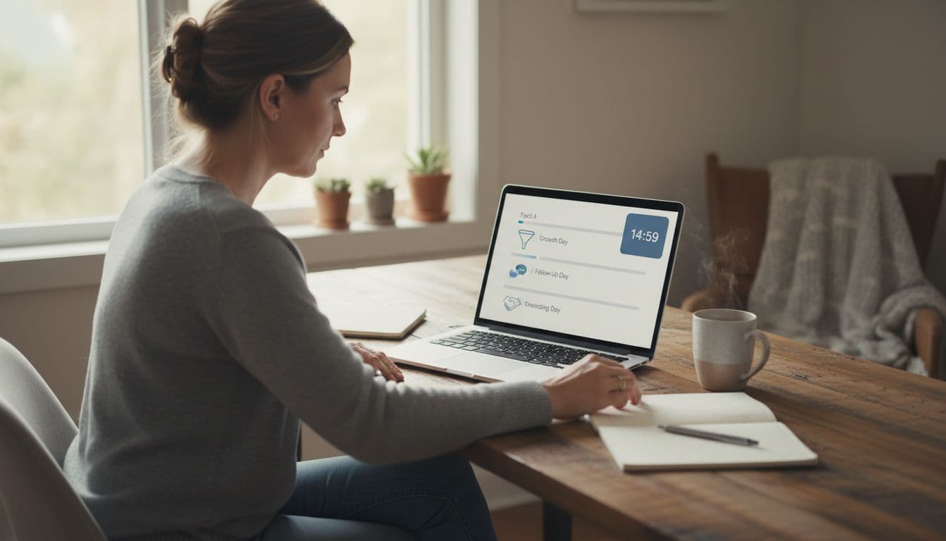 In a cozy home office with soft morning light, a mid-30s network marketer sits at a desk facing a laptop displaying three simple tracks: Growth Day with leads funnel, Follow-Up Day with chat bubbles, and Onboarding Day with handshake icon, plus a 15-minute timer.