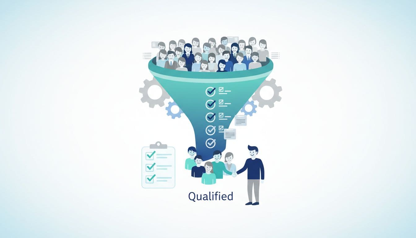 Minimalist flat illustration of a sales funnel depicting lead qualification in network marketing: unqualified leads at the wide top, 7-point checklist filtering in the middle, qualified leads at the bottom shaking hands with marketer, subtle automation gears, light gradient background.