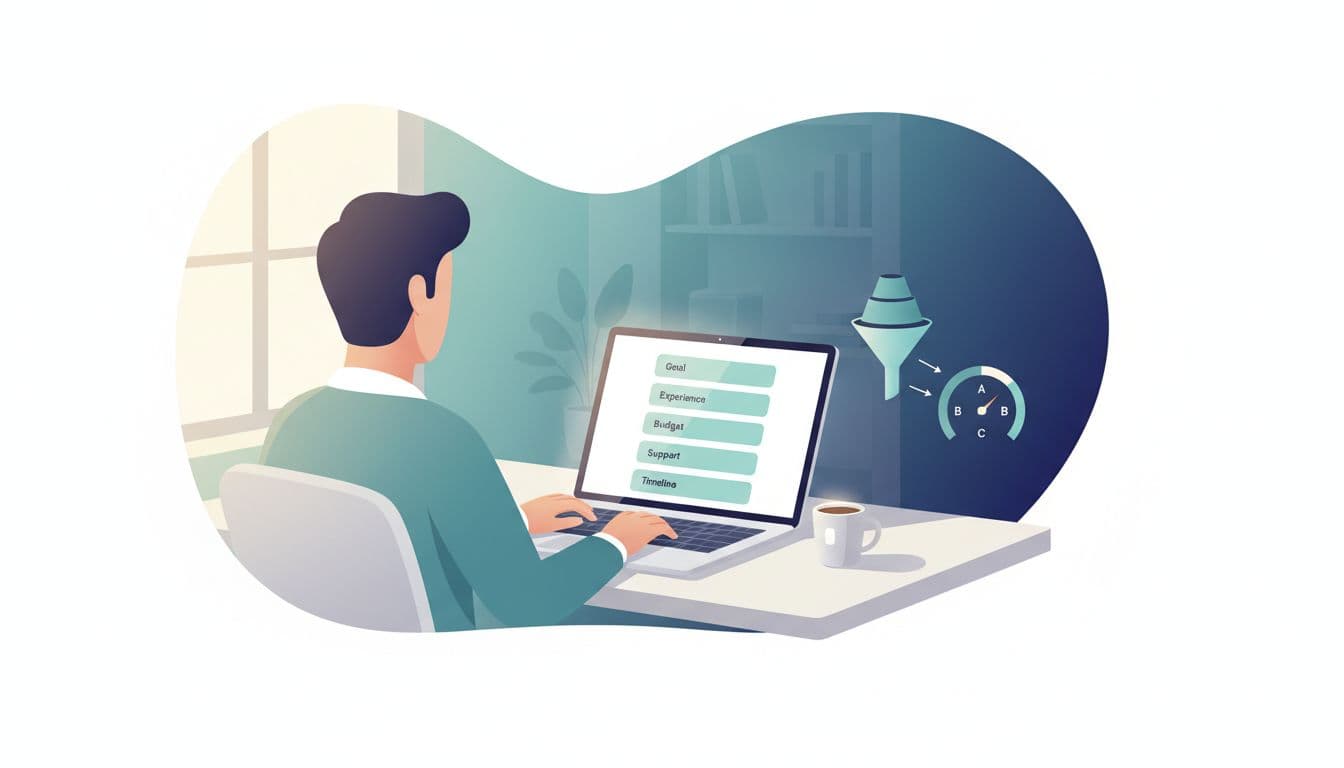 A clean, modern minimalist illustration depicting a professional at a home office desk with a laptop showing a lead qualification intake form featuring sections like Goal, Experience, Time, Budget, Support, Timeline, and Fit, accompanied by a lead funnel icon and A/B/C score gauge.