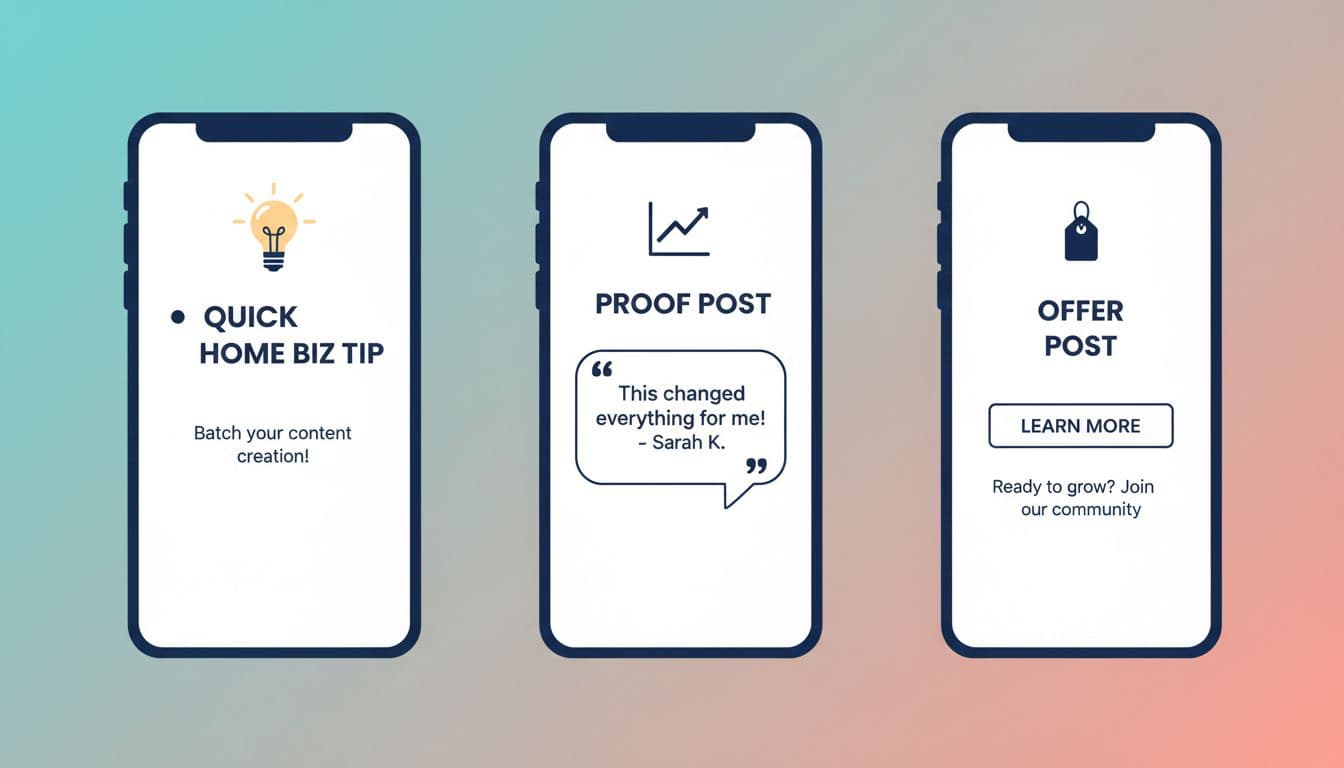 Modern flat design illustration of three social media posts on phone screens: value tip, proof testimonial, and offer invite. Minimal professional style with teal-coral gradient, high-contrast, navy accents, and ample white space.