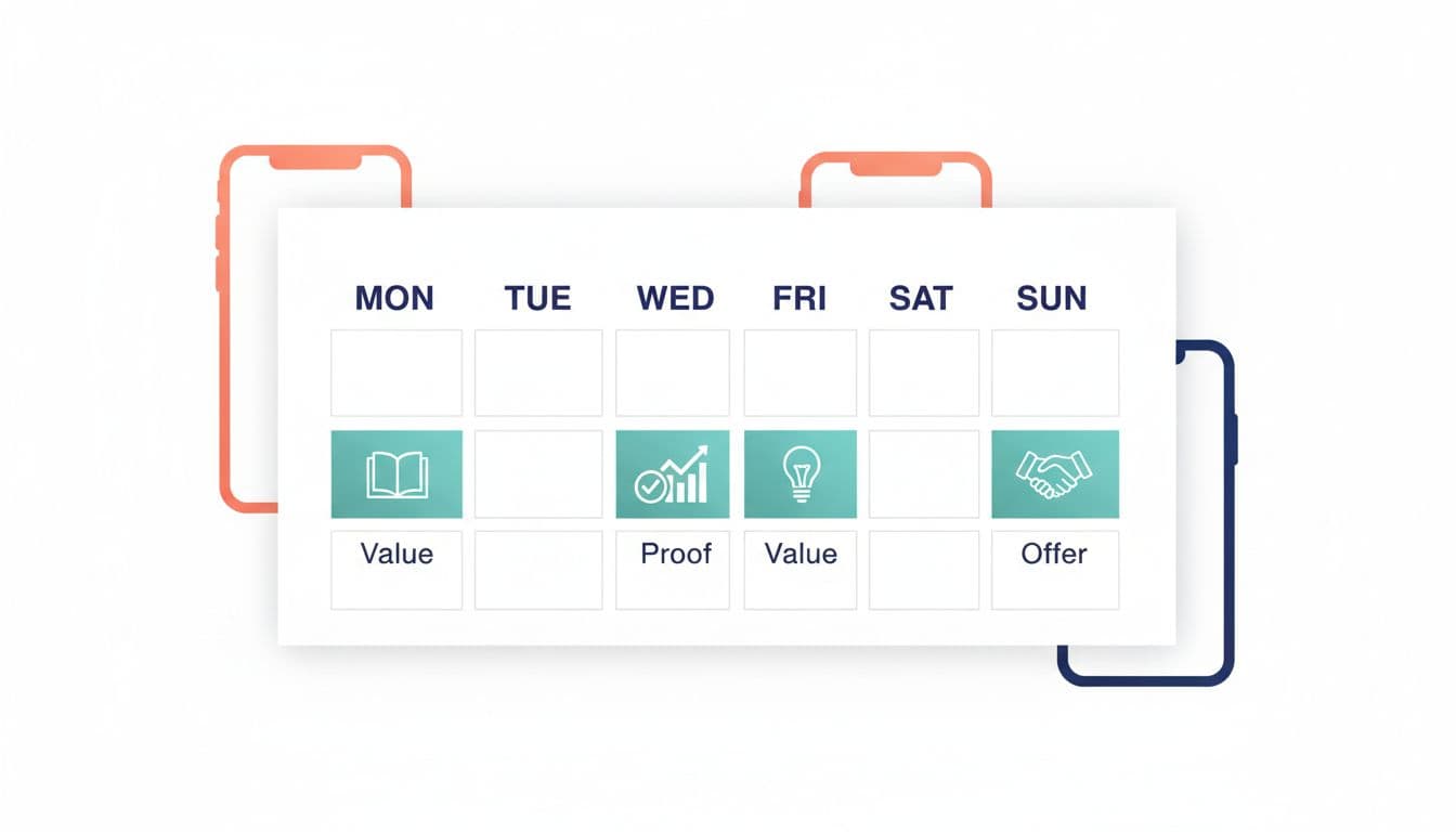 Illustration of a clean seven-day calendar grid tailored for network marketing content, highlighting Monday (Value with book icon), Wednesday (Proof with checkmark and graph), Friday (Value with lightbulb), and Sunday (Offer with handshake) in teal. Minimal professional flat design with faint background phone screens for IG Reels, TikTok, and YouTube Shorts.