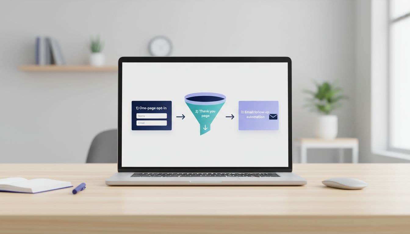 Clean, modern hero illustration showing a simplified network marketing funnel on a laptop screen: top of the funnel opt-in lead magnet page, thank-you download, and email automation, set in a subtle home office.