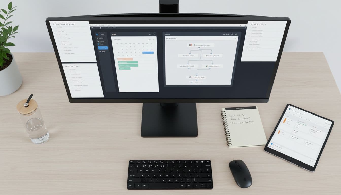 Organized desk with checklists and simple automation tools for scaling