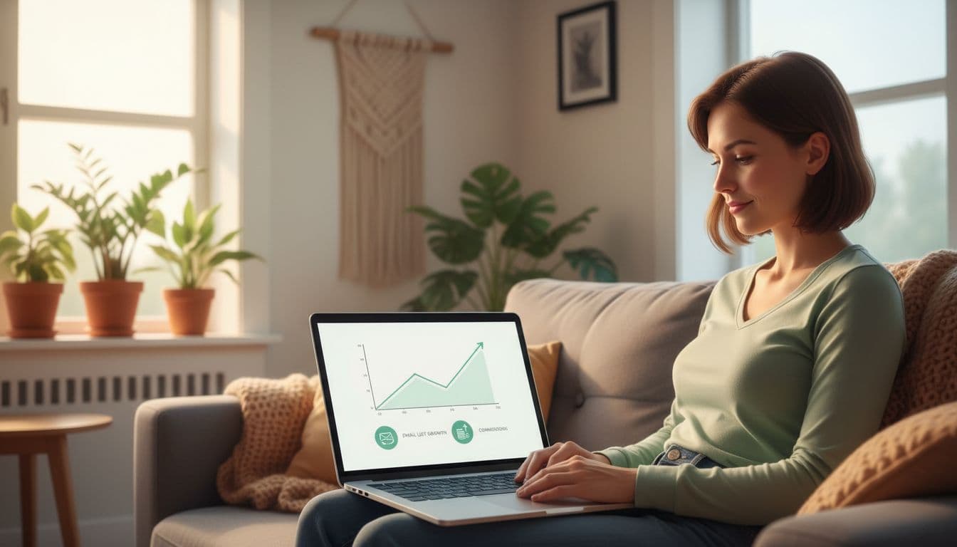 A person reviews an analytics dashboard on a laptop in a cozy home setting with plants and evening light, showing a growing email list, small commissions, and a slightly upward trending graph for a sense of steady progress.