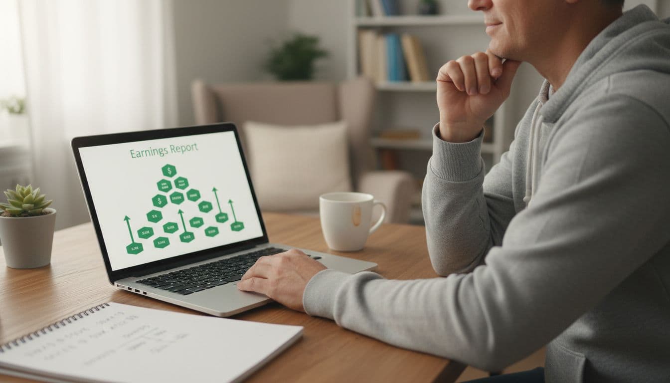 Photorealistic image of a mid-40s person in casual clothes at a cozy home desk, thoughtfully reviewing a simple earnings report on a laptop with blurred green upward graphs and matrix growth charts. Desk features coffee mug, notepad with math scribbles, soft window light, warm tones.