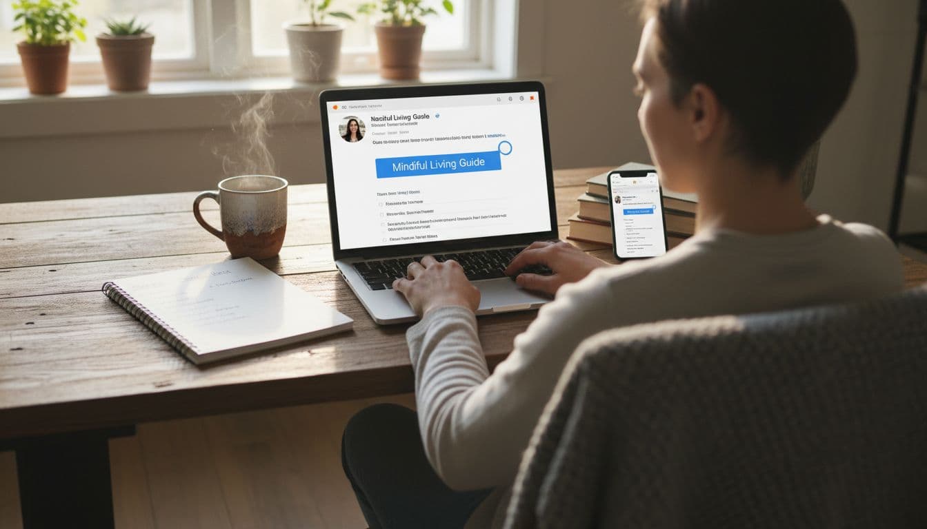A relaxed person typing calmly in a cozy home office at a wooden desk with an open laptop showing a social media post, smartphone displaying the same link, notebook with daily checklist, coffee mug, and natural window light.