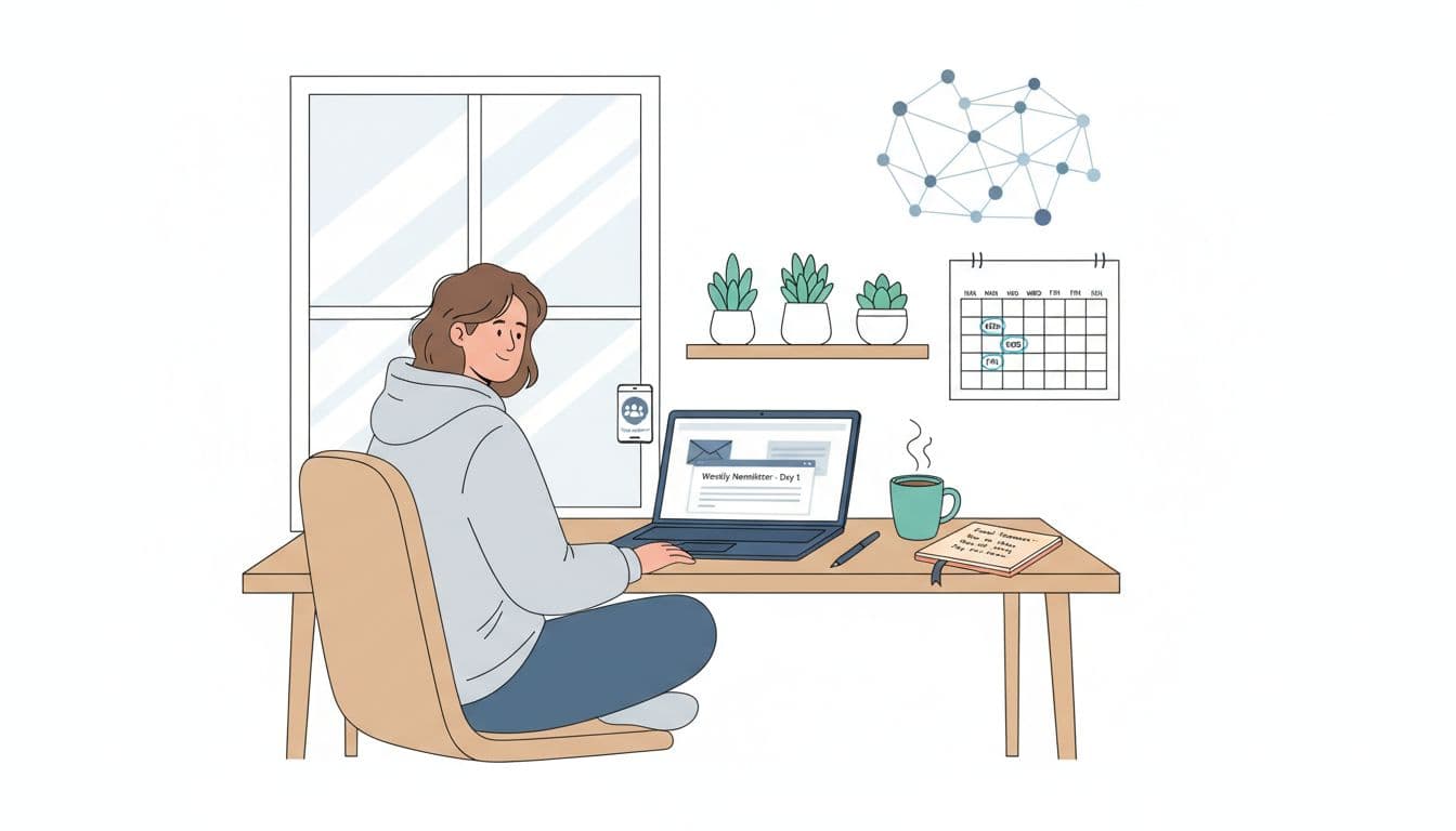 Illustration of a calm person working on a network marketing side hustle in a cozy home office with laptop open to email dashboard, coffee mug, notebook notes, and subtle productivity elements.