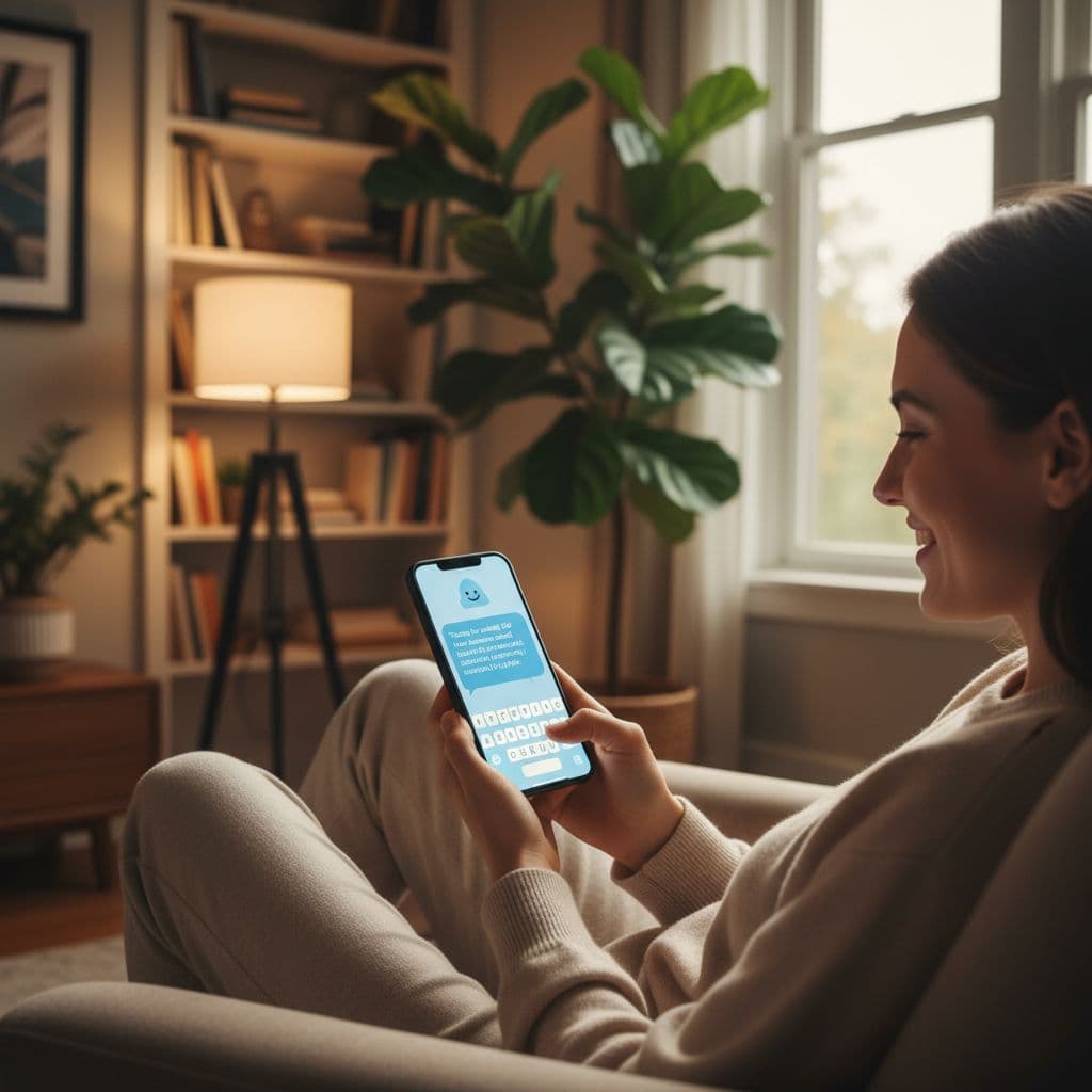 A person in a comfortable living room holds a smartphone showing a chat from friendly AI assistant Emily answering a business question, with a smile of relief and confidence, thumbs ready to reply, soft lighting, bookshelves, and plant in background.