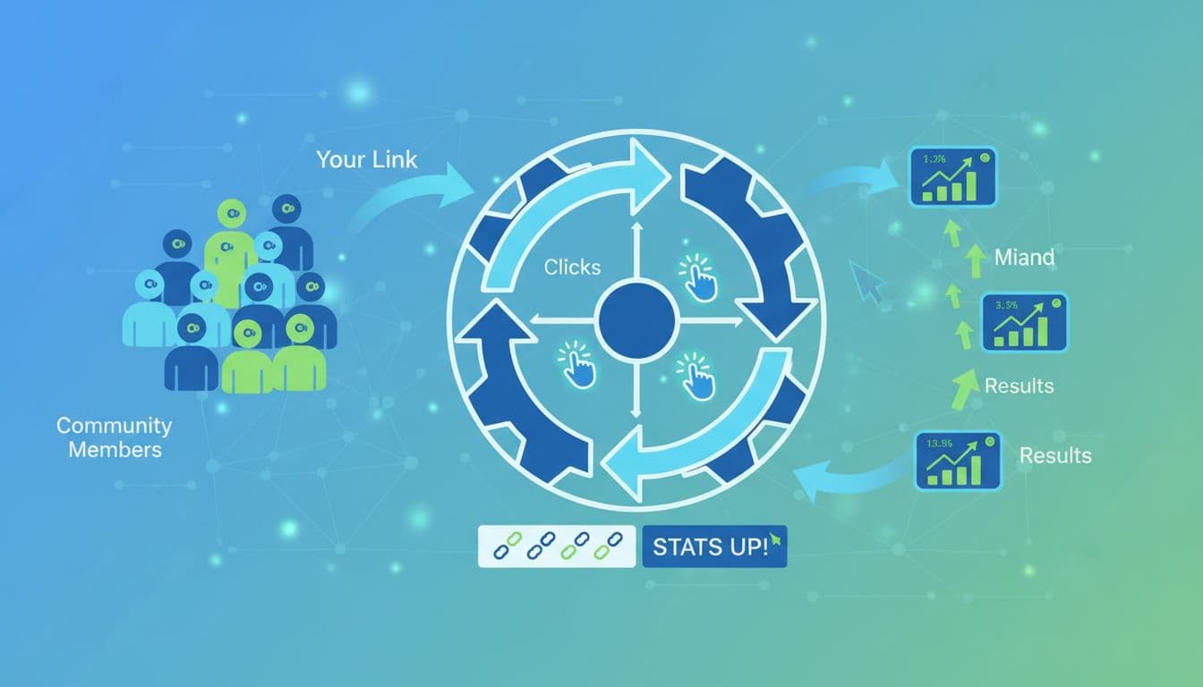 Illustration of traffic flow in a rotator system with arrows cycling links from community members to clicks and results, using simple icons for viewers, rotating links, and increasing stats in a vibrant, clean vector style with blue and green tones.