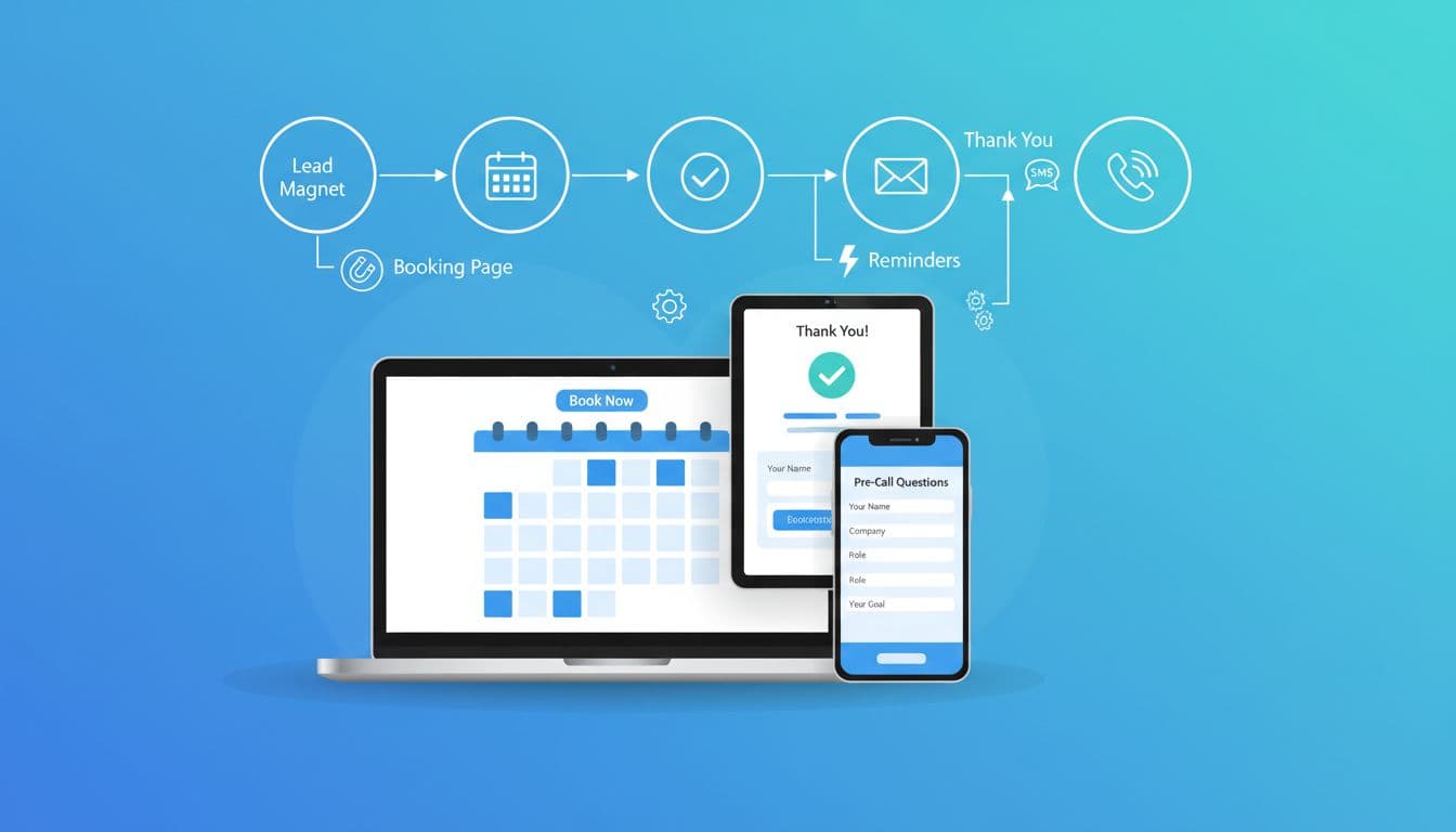 Clean, modern SaaS-style flat vector illustration of a call-booking funnel to reduce no-shows, featuring laptop screens with booking calendar, thank-you confirmation, pre-call questionnaire, and background flow diagram with automation icons.