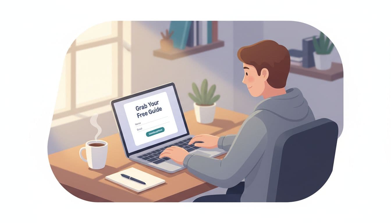 Illustration of a side hustler at a wooden home desk with laptop showing a simple opt-in form for a lead magnet funnel, coffee mug and notepad nearby, in a cozy home office with warm lighting and clean vector style.