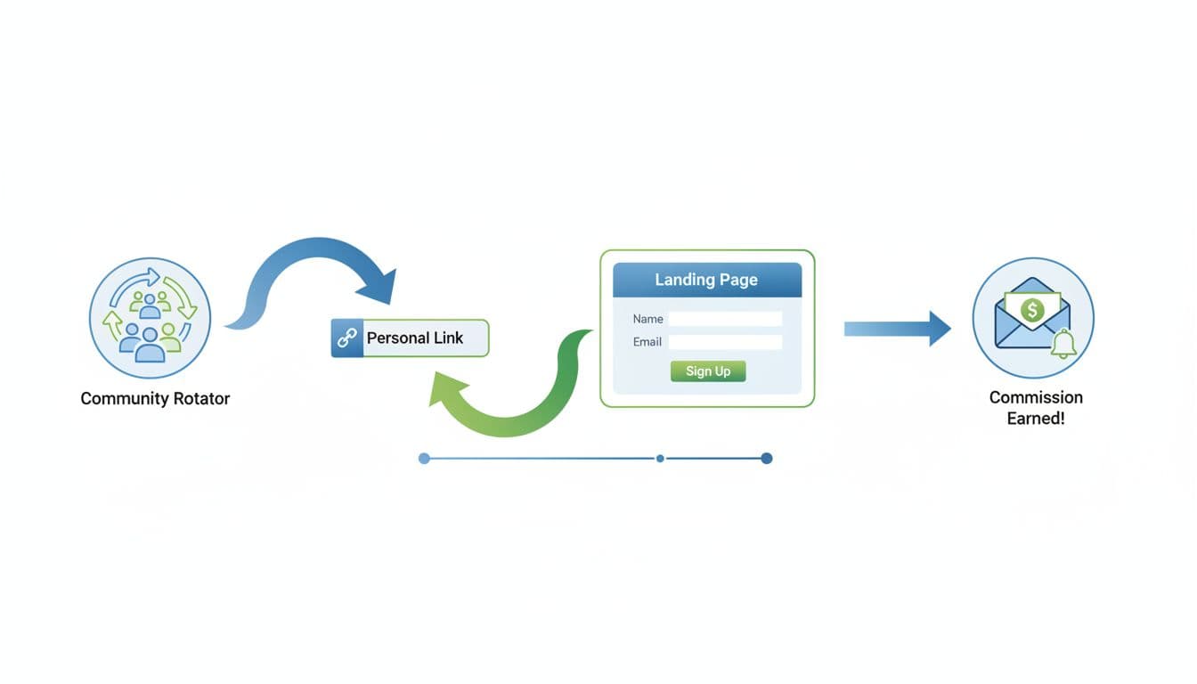 Clean infographic illustrating the affiliate click path flow from community rotator to commission notification using arrows, icons, and subtle blue-green colors on white background.