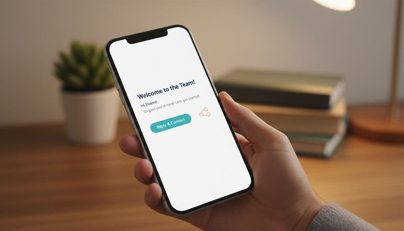 Close-up of a smartphone screen at an angle showing an open welcome email from a network marketing sequence, held by a hand in a cozy home setting with blurred desk and books background. Clean, minimal design with navy text, teal buttons, and soft orange accents in flat vector style.