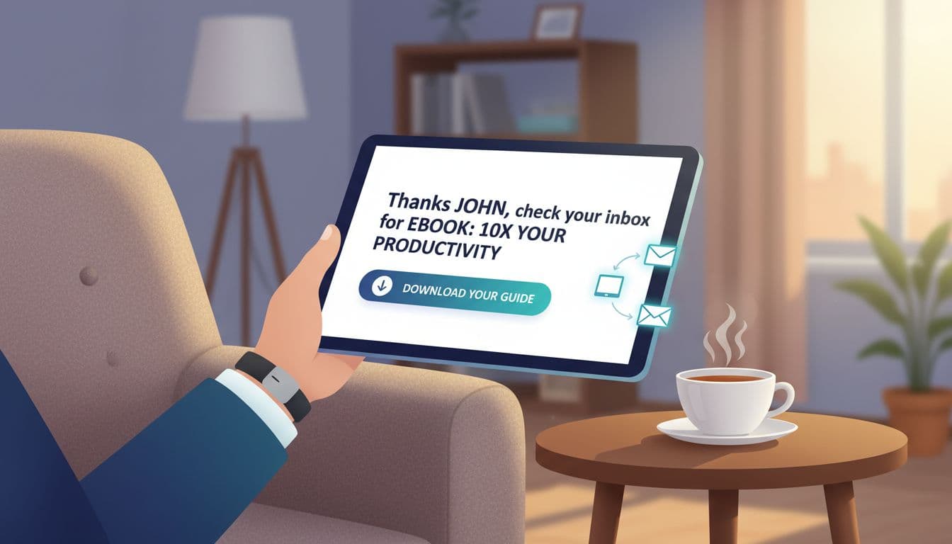 Clean illustration of a thank-you page in a lead magnet funnel on a tablet held in hand, featuring a simple message, download button, and subtle automation arrows, set in a relaxed armchair with soft evening light in a blurred cozy living room.