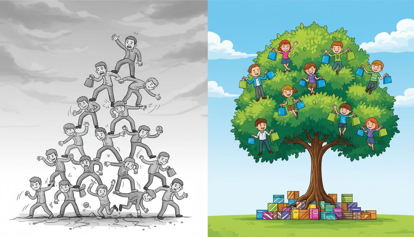 Landscape illustration split in half: left side shows an unstable pyramid of cartoon people in gray tones with tense mood; right side depicts a strong tree growing from product boxes to happy customers in vibrant green and blue, conveying stability and growth.