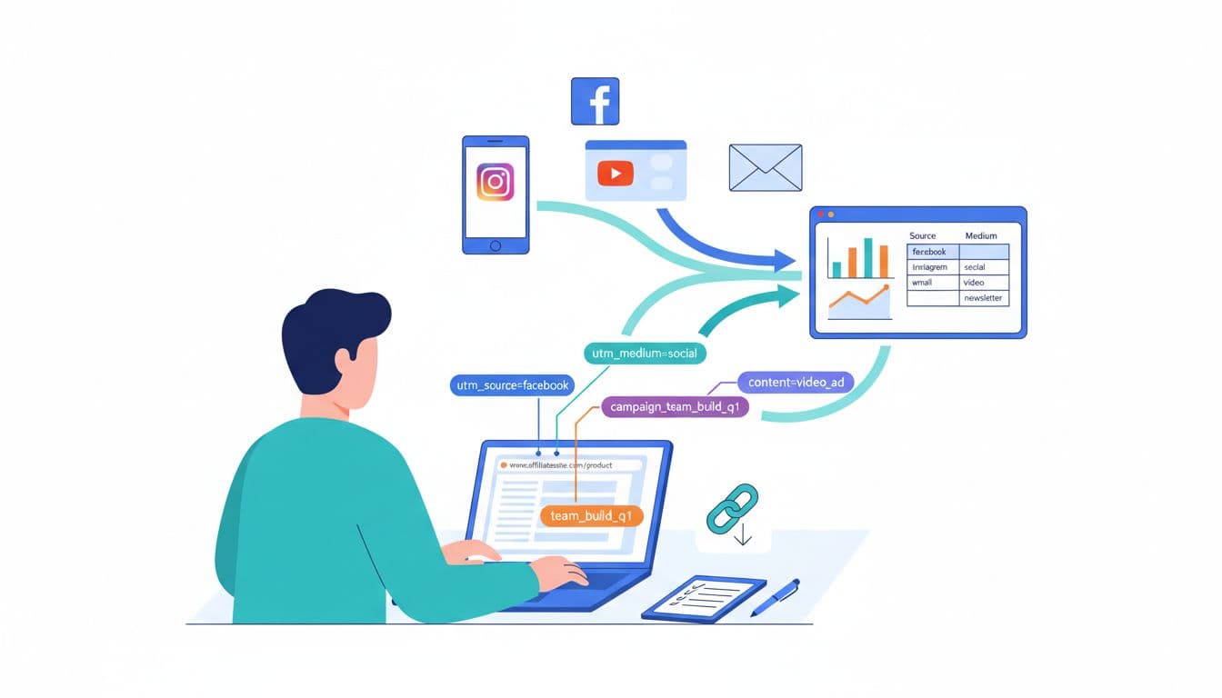 A clean, modern vector illustration showing a marketer at a laptop adding colorful UTM parameters to a URL, with background icons of social media and email traffic sources flowing into a GA4 analytics dashboard.