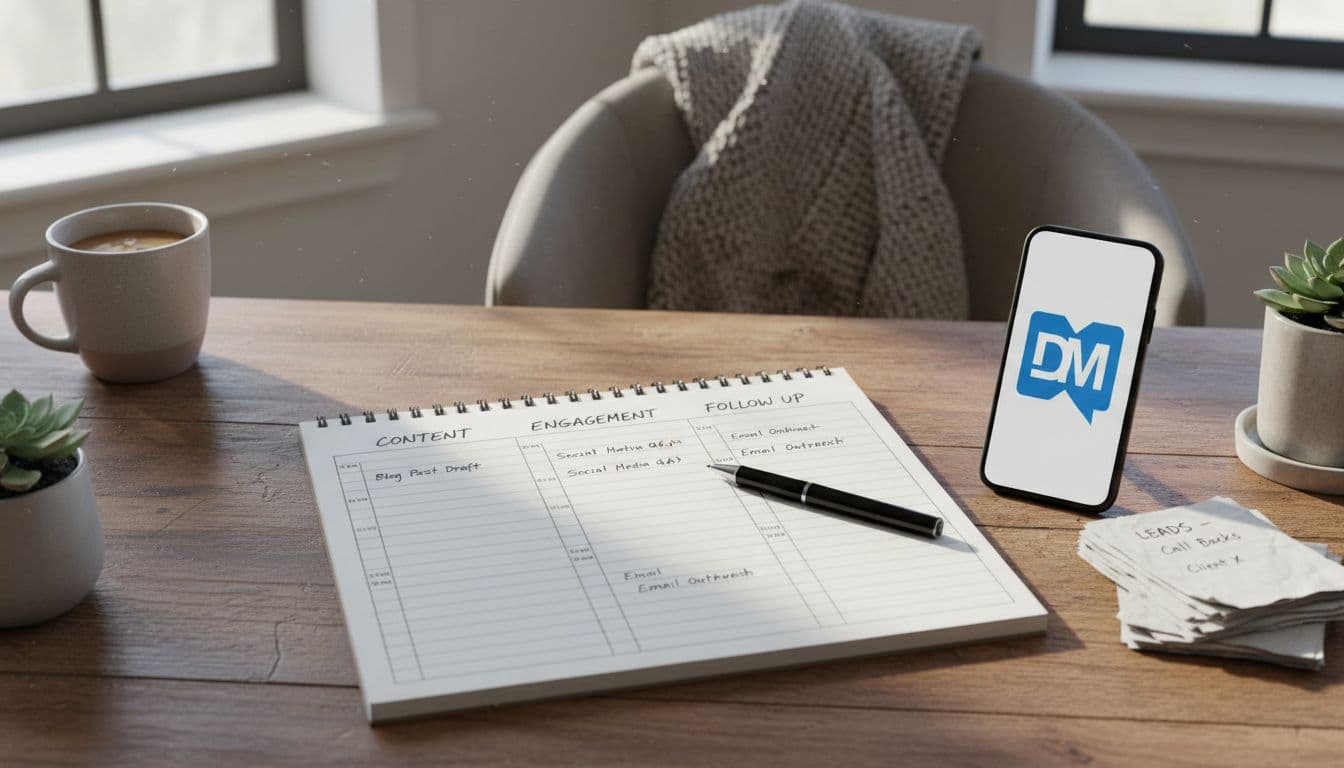 A simple open notebook weekly schedule planner on a cozy desk, marked with time blocks for content, engagement, and follow-up tasks. Includes a pen, phone for DMs, and a small stack of leads notes in natural daylight, realistic photography style with detailed textures.