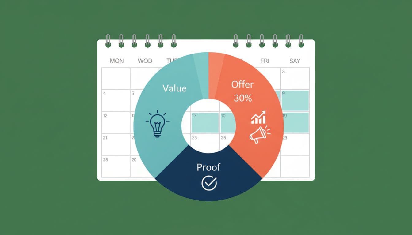 A minimal, professional pie chart infographic displaying the ideal 50% Value, 30% Proof, 20% Offer posting ratio for network marketing, overlaid on a subtle weekly calendar grid.