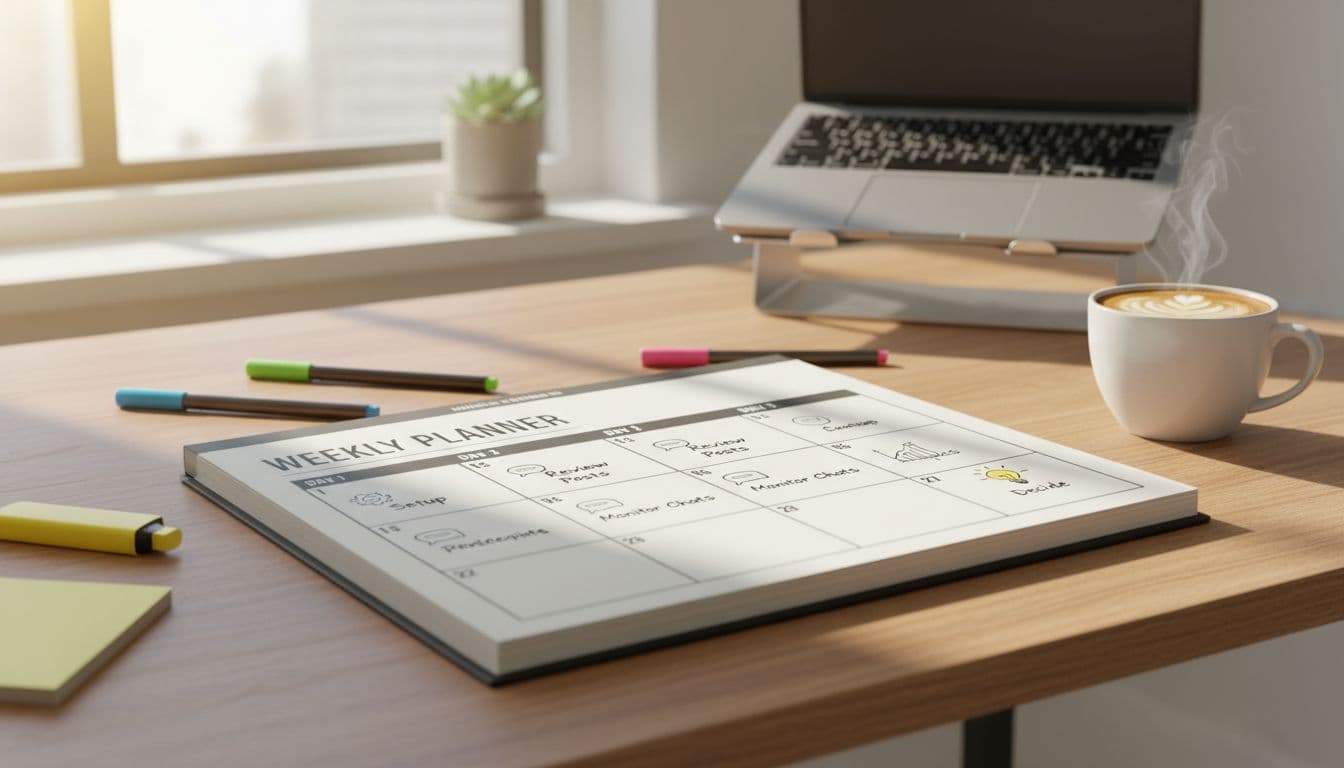 Photorealistic image of a wooden desk in a bright home office with a large weekly planner calendar open to days 1-7, marked with task icons and notes like 'Setup', 'Review Posts', 'Monitor Chats', 'Analytics', and 'Decide'. Includes colored pens, highlighter, coffee cup, and blurred laptop background in natural light for an organized, motivational vibe.