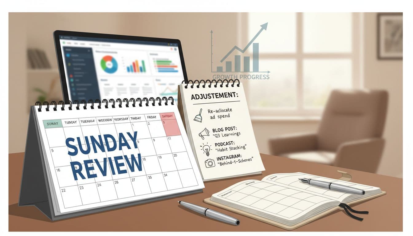 Illustration of a weekly reset routine on a desk calendar marked for Sunday review, featuring a blurred metrics dashboard on a laptop, notepad with adjustment notes, cleaned list icon, and three sketched post ideas in a cozy home setting with an open planner, pen, and subtle growth chart.
