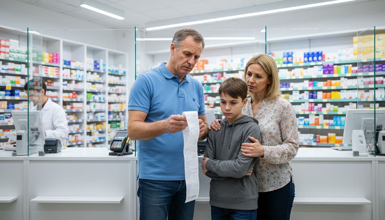 Photorealistic depiction of a middle-aged father holding a large prescription receipt with concern, mother comforting their teenage child at a busy pharmacy counter amid colorful medicine shelves and fluorescent lighting, all showing expressions of financial stress.