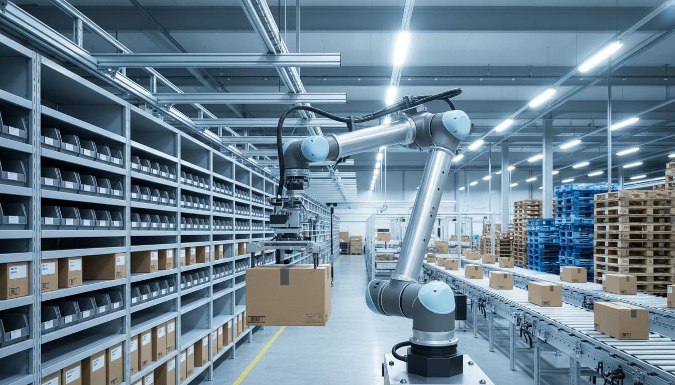Autonomous warehouse robot arm precisely picking a package from a shelf in a vast automated storage facility with stacked pallets and conveyor in the background under industrial lighting.