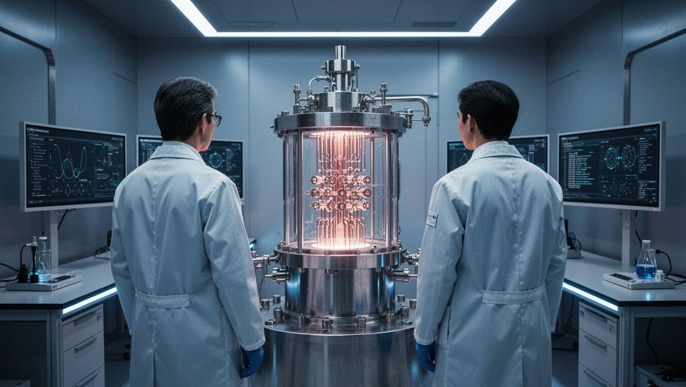 Two scientists in lab coats observe a central cryostat with superconducting qubits and nearby control monitors in a high-tech quantum computing lab, illuminated by cool blue lighting on metallic surfaces.