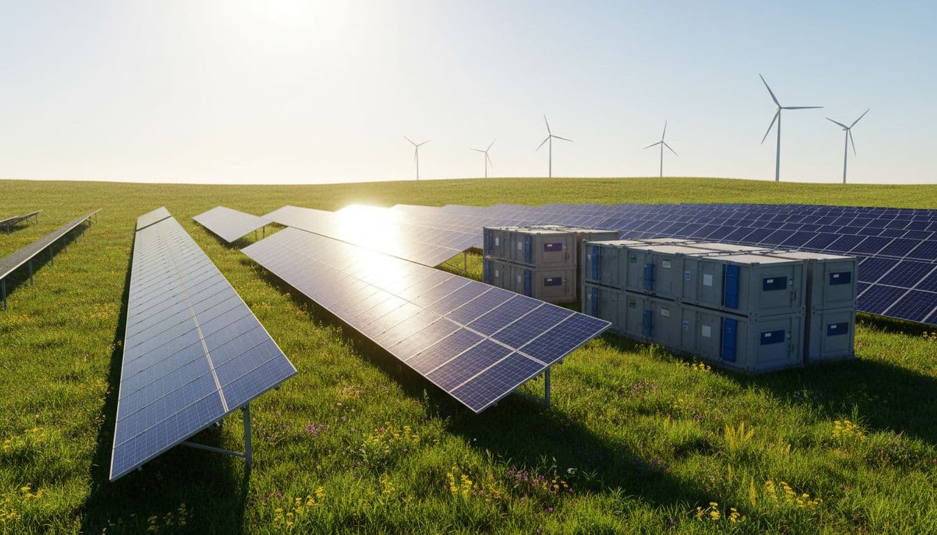 Row of advanced solar panels next to large battery storage containers in a green field under a clear sunny sky, with wind turbines in the distant background.