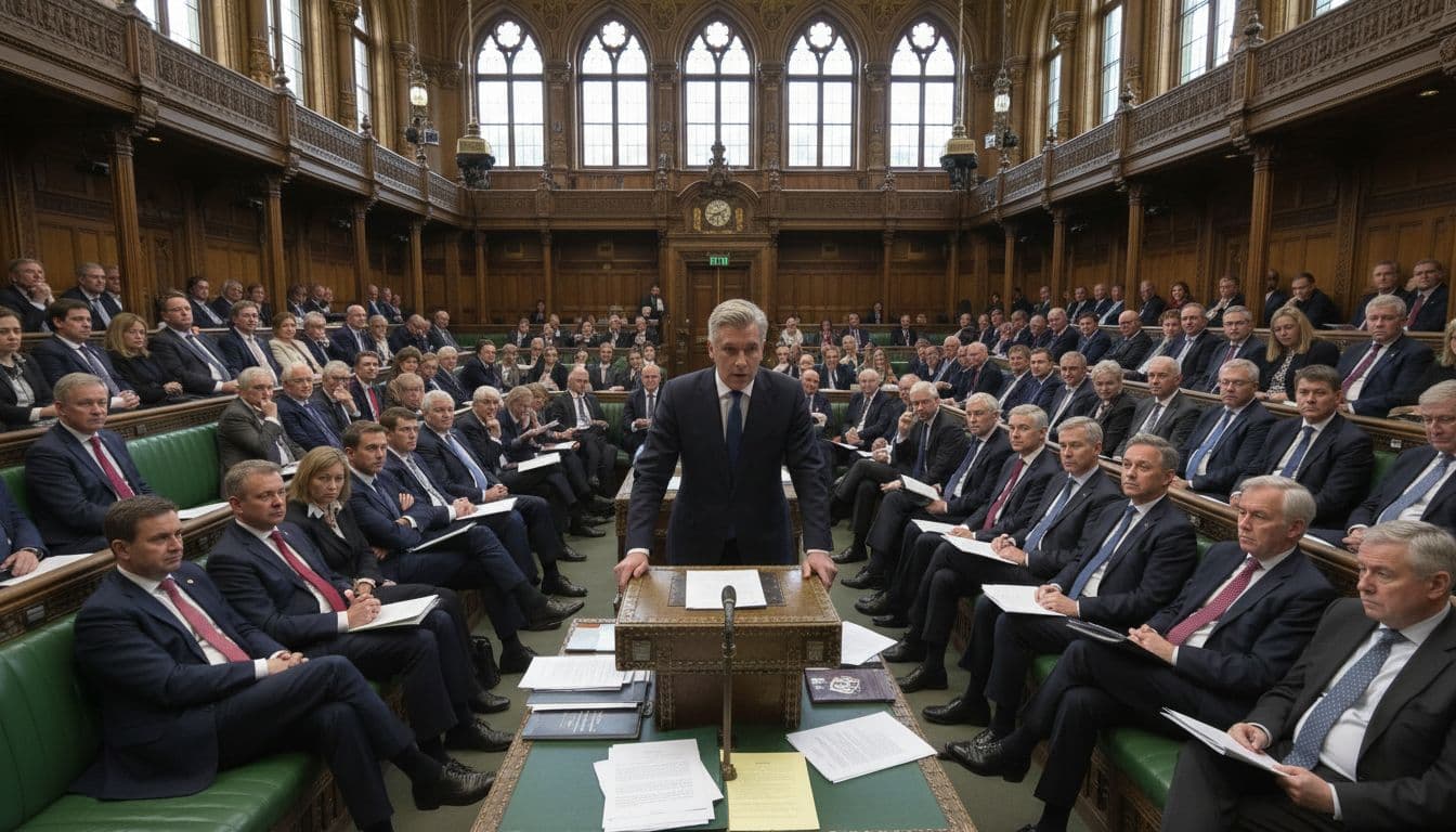 Prime Minister Starmer stands at dispatch box addressing seated MPs on green benches in House of Commons chamber.