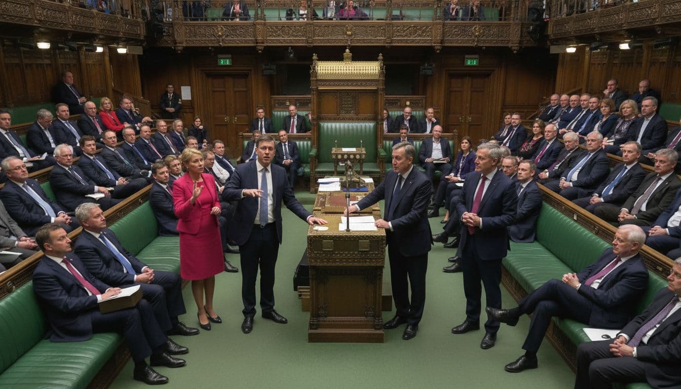 Opposition MPs rise to question government minister amid benches and speaker chair in UK House of Commons.