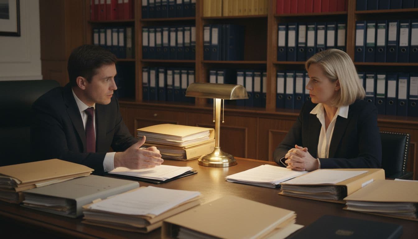 Two UK government officials review stacks of papers and folders on a wooden desk in a secure office.