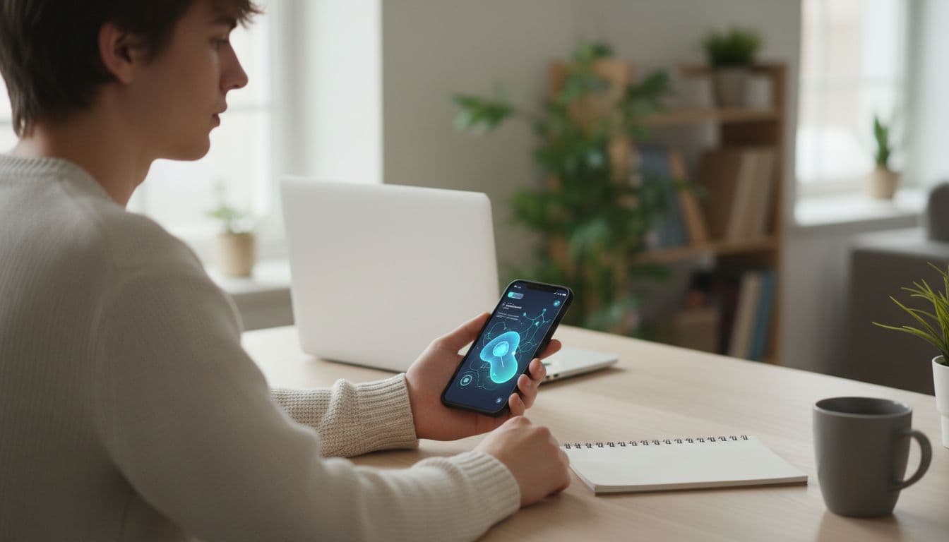 Exactly one young adult sitting relaxed at a home office desk, holding a smartphone with a personal AI assistant interface visible on screen, modern setup with notebook and coffee mug, realistic photograph in soft natural lighting.