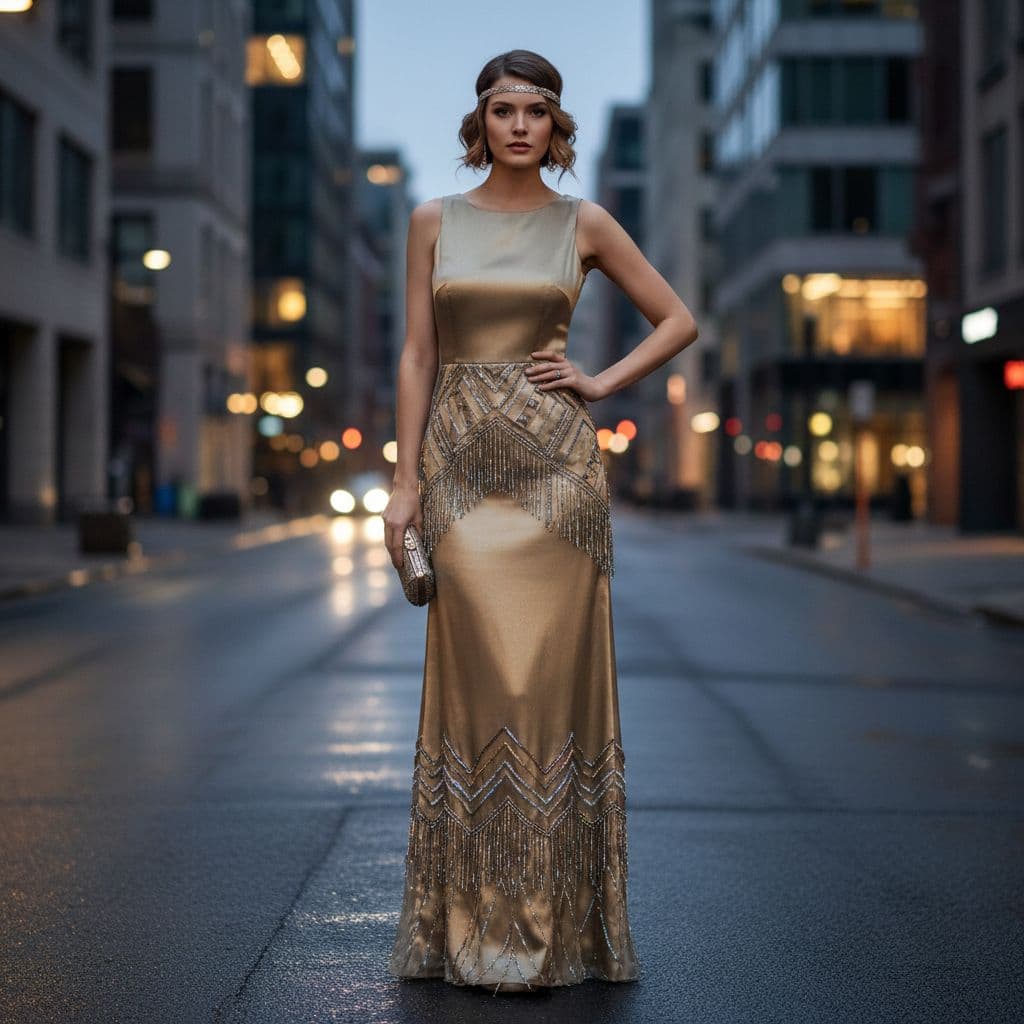 Woman wearing a drop-waist flapper-inspired dress made from recycled satin on a city street at dusk